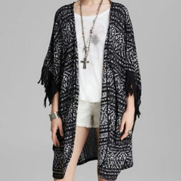 Free People Black Tribal Pattern Fringe Kimono Cardigan Sweater - Picture 1 of 7